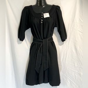 Daryl K - black wool, 3/4 sleeve, bubble hem dress. silver buttons & belt detail